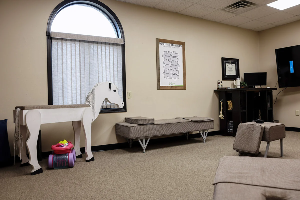 A waiting room with a white horse-shaped bench, a long padded bench, a TV, and a 'Wellness Way' poster on the wall.