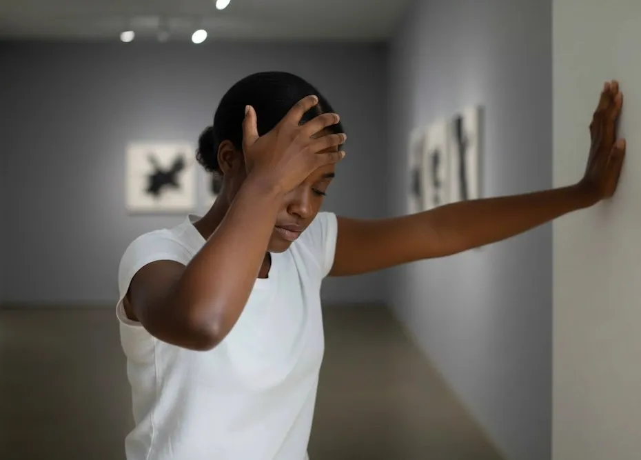 A woman with dark skin stands in a museum, her left hand on her forehead and her right hand pressed against a white wall, appearing overwhelmed.